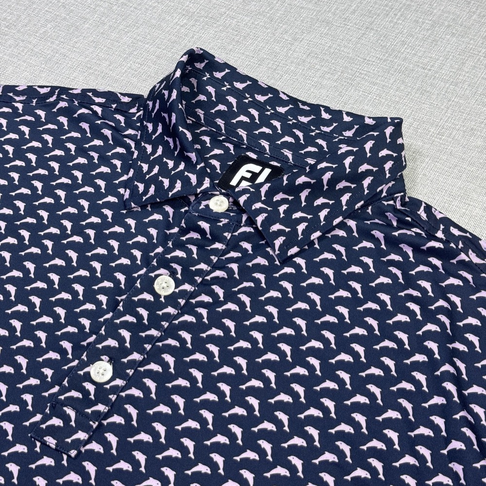 FootJoy Dolphin Print Golf Polo Shirt‎ Mens Large Blue Short Sleeve Performance